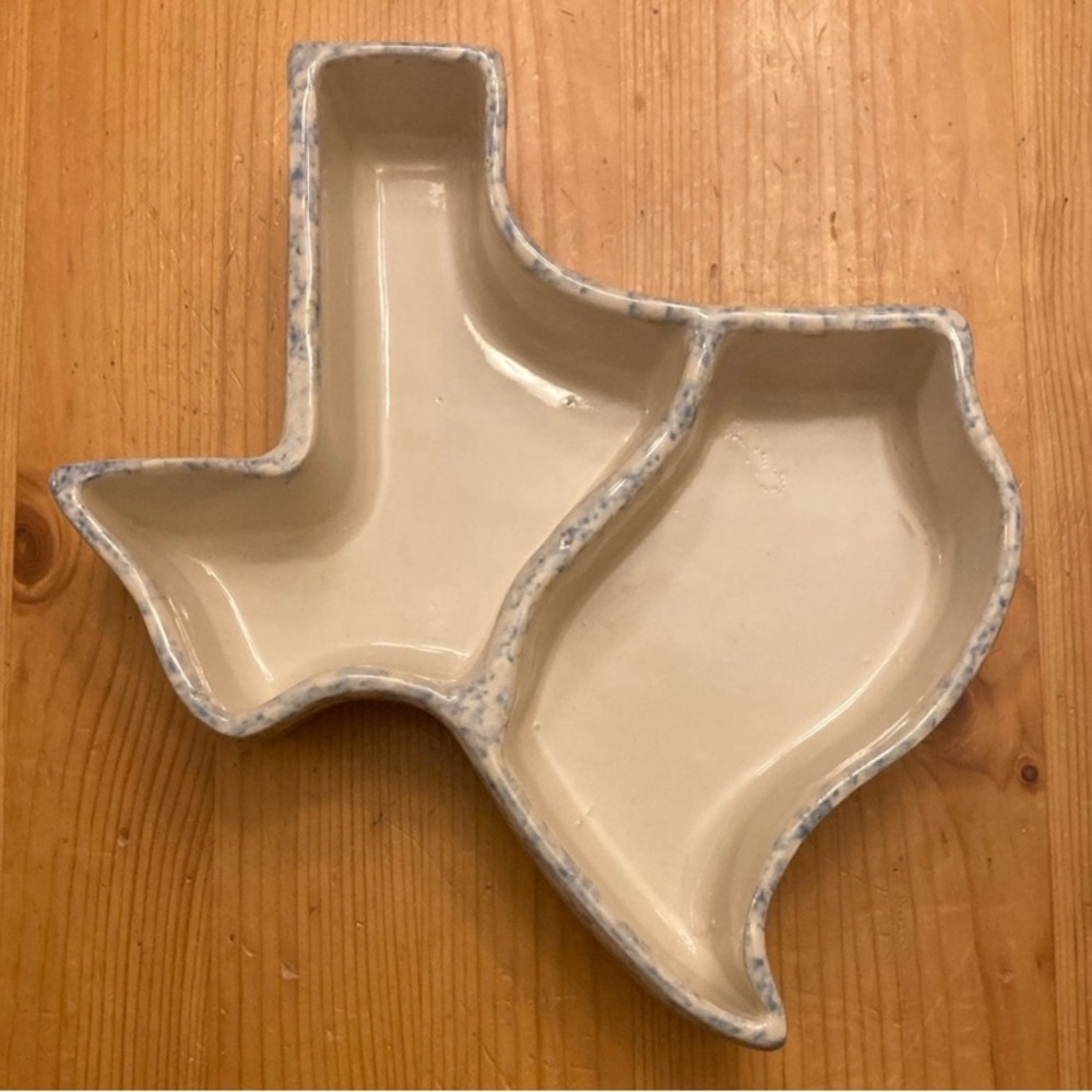 Texas Shaped Ceramic Pottery Stoneware Divided Serving Dish, Cream and Blue